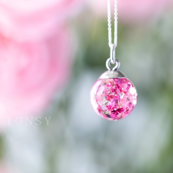 Spring Globe Necklace Real Flower Necklace Spring Flowers Gifts for Her Pink Blo