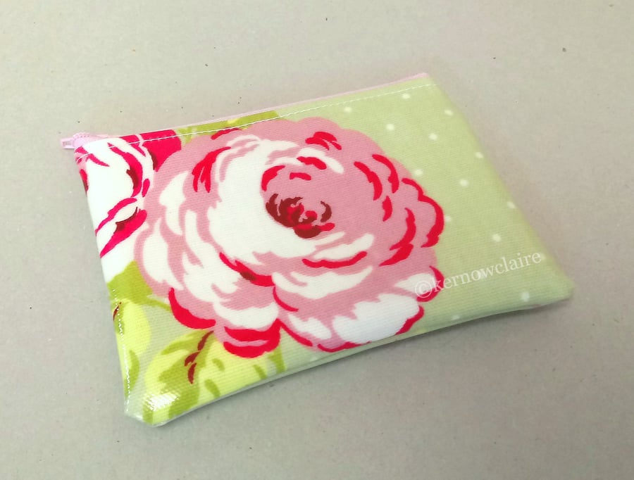 SALE - Green coin purse with pink flowers, Free UK postage