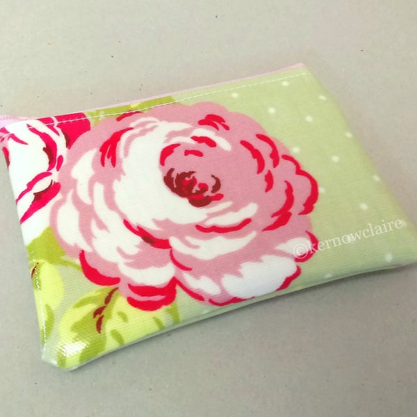 SALE - Green coin purse with pink flowers, Free UK postage