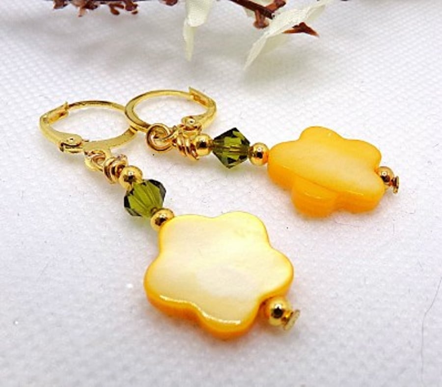 Spring Flower Shell and Crystal Earrings