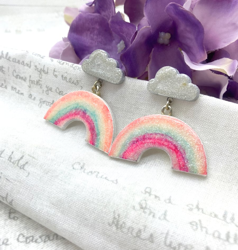 Wooden cloud and pastel rainbow stud dangle earrings