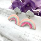 Wooden cloud and pastel rainbow stud dangle earrings