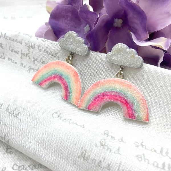 Wooden cloud and pastel rainbow stud dangle earrings