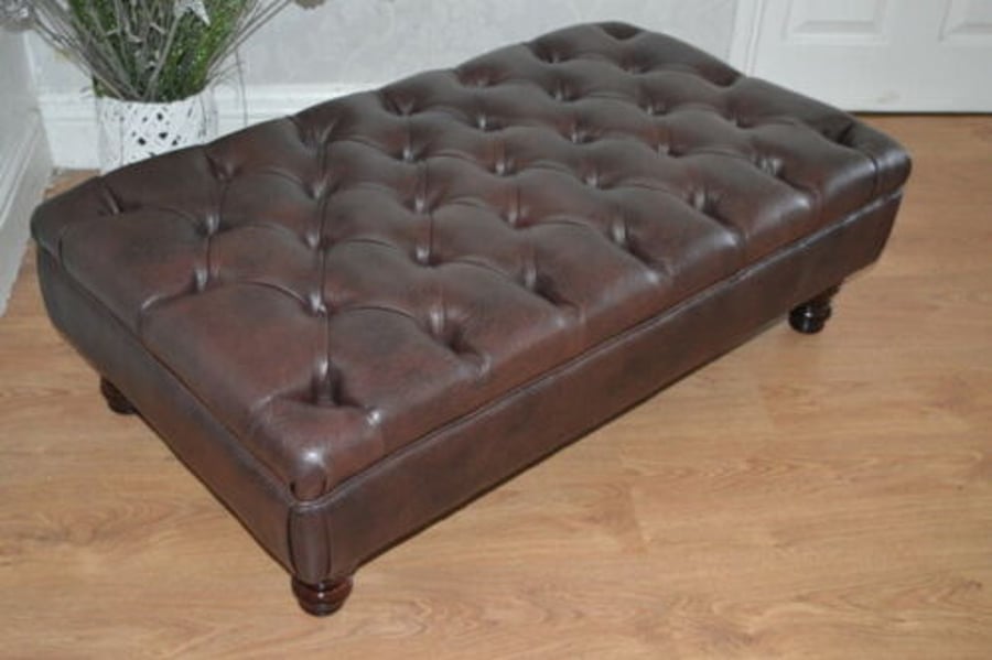 Chesterfield Design Deep Button Footstool in a Premium Faux Dark Brown Leather