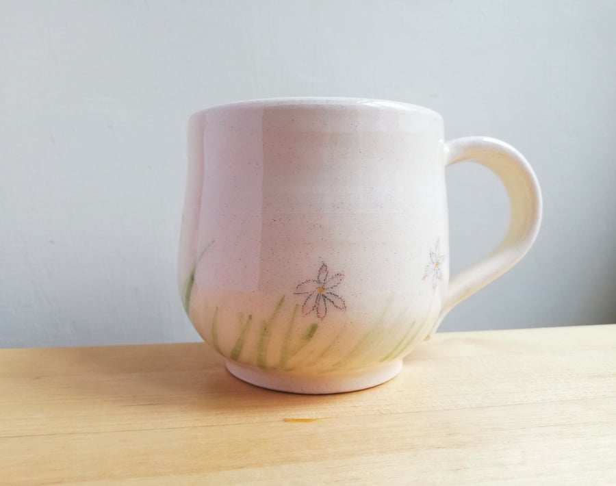 Hand thrown daisy mug or cup Seconds Sunday with handpainted daisies