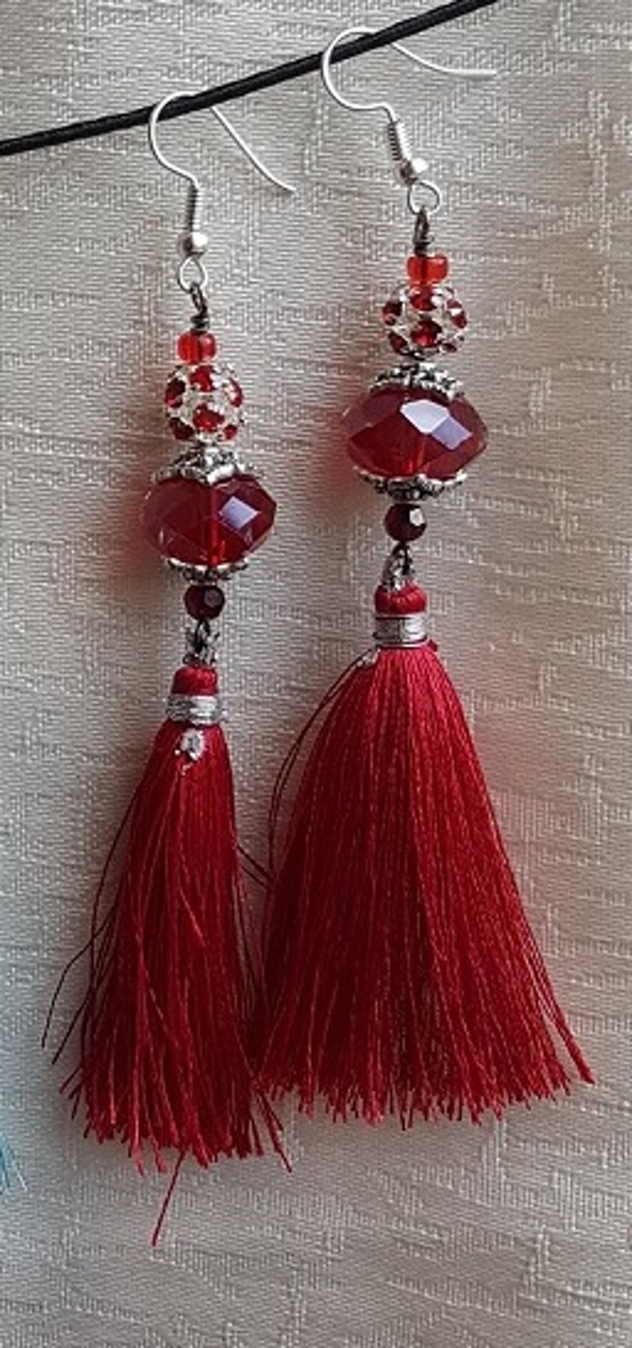 Beautiful Red Tassel and Crystal dangly Earrings