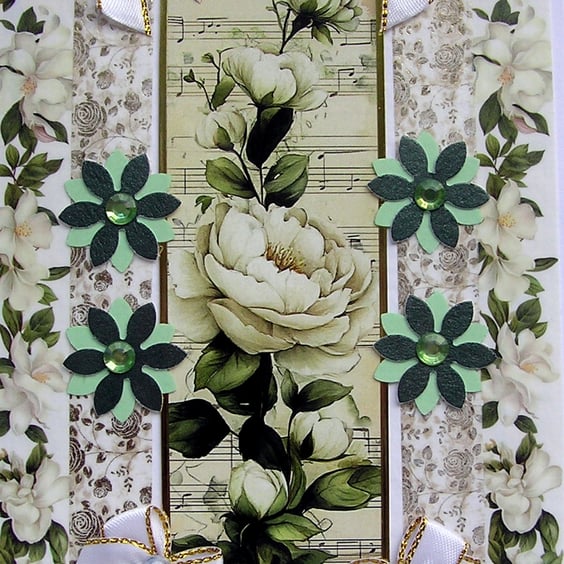 White Rose Flowers - Hand Crafted Decoupage Greeting Card - Blank 3333