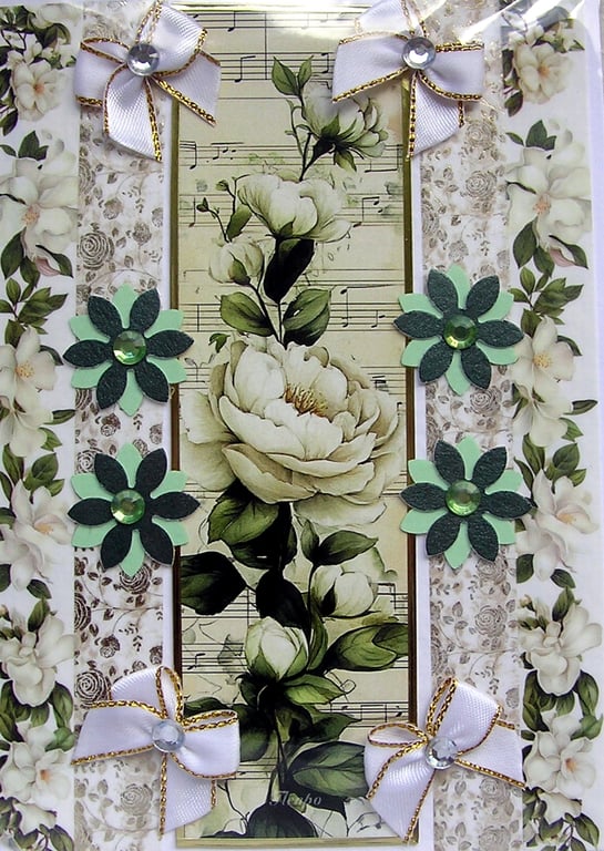 White Rose Flowers - Hand Crafted Decoupage Greeting Card - Blank 3333