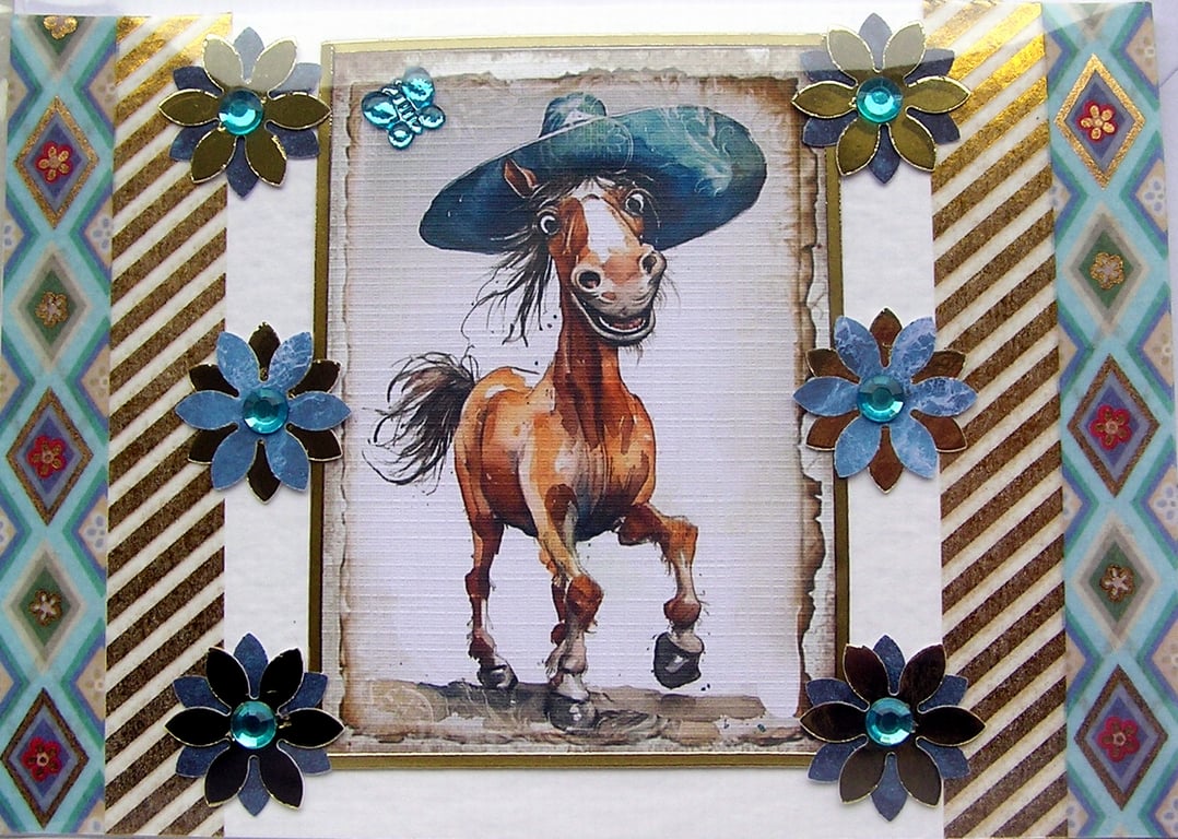 Dancing Pony - Hand Crafted Decoupage Greeting Card - Blank - 3136