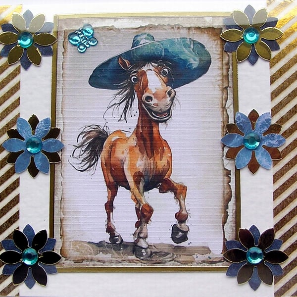 Dancing Pony - Hand Crafted Decoupage Greeting Card - Blank - 3136