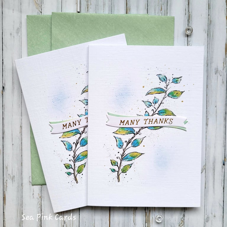 Thank You Cards Set - 2 cards, original art, twig and leaves, blue and green 