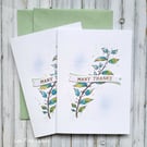 Thank You Cards Set - 2 cards, original art, twig and leaves, blue and green 
