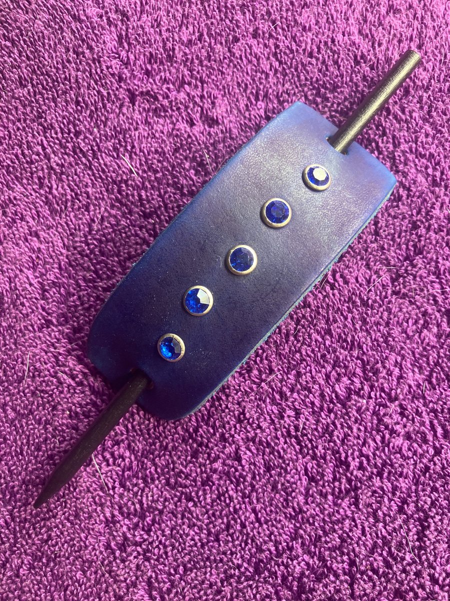 Dyed Blue Leather Hair Stick Barrette - with 5 Blue Gemstones - FREE UK SHIP