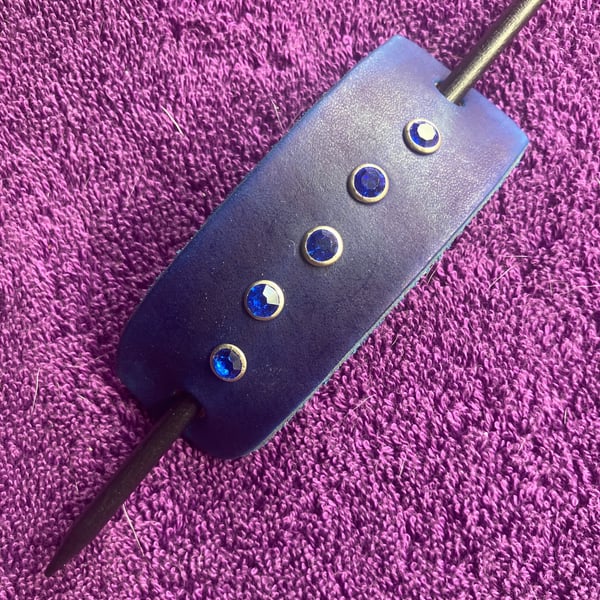 Dyed Blue Leather Hair Stick Barrette - with 5 Blue Gemstones - FREE UK SHIP