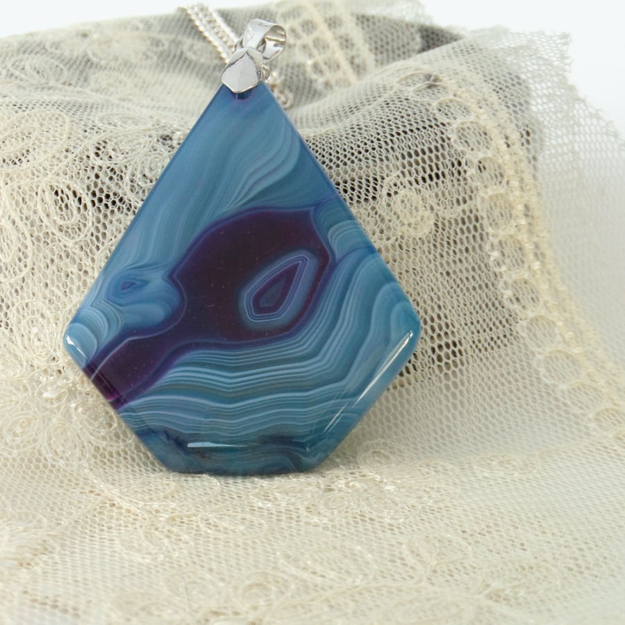 Banded blue agate pendant necklace, perfect gift