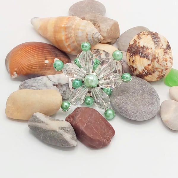 Green Pearl & Crystal Beaded Flower Brooch, Gift for Her, Pearl & Crystal Brooch