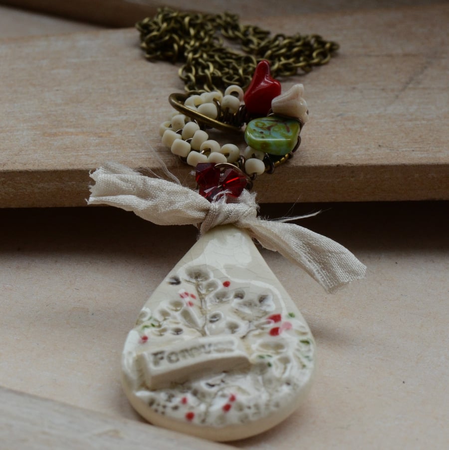 Forever Ceramic Cream Pendant with Red Swarovski Crystal & Czech Beads