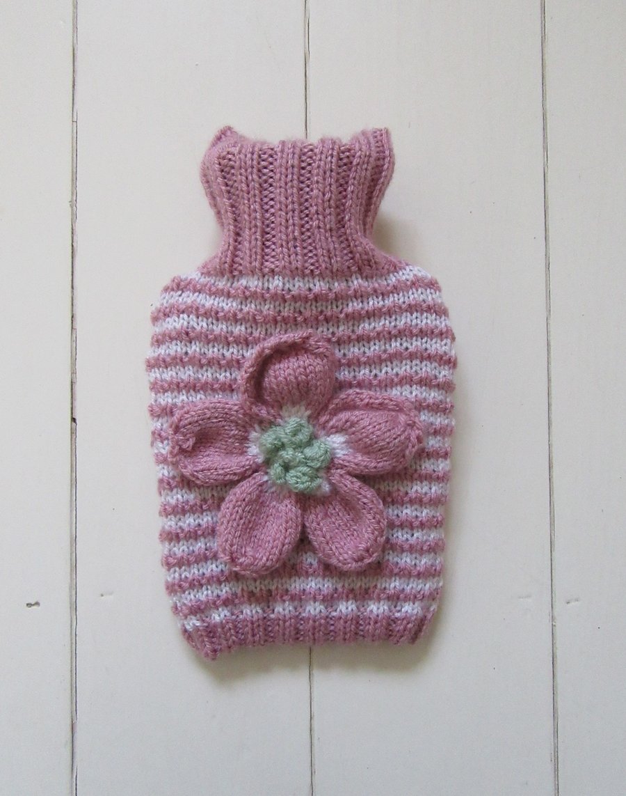 Hot water bottle cover  - stripy pink with daisy flower