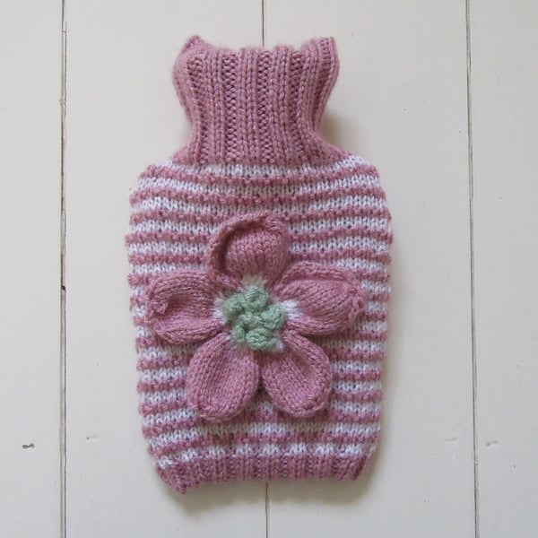 Hot water bottle cover  - stripy pink with daisy flower