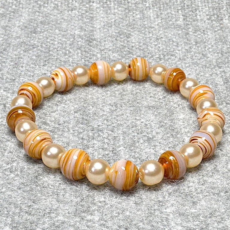 Cappuccino Swirl Glass Bead and Glass Pearls Elastic Bracelet
