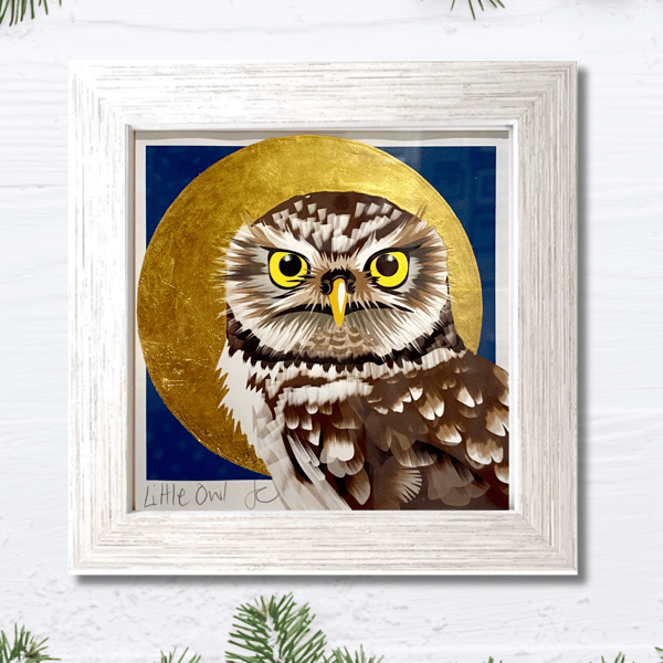 Little Owl Moon - Hand Embellished Art Print with Genuine Gold Leaf 