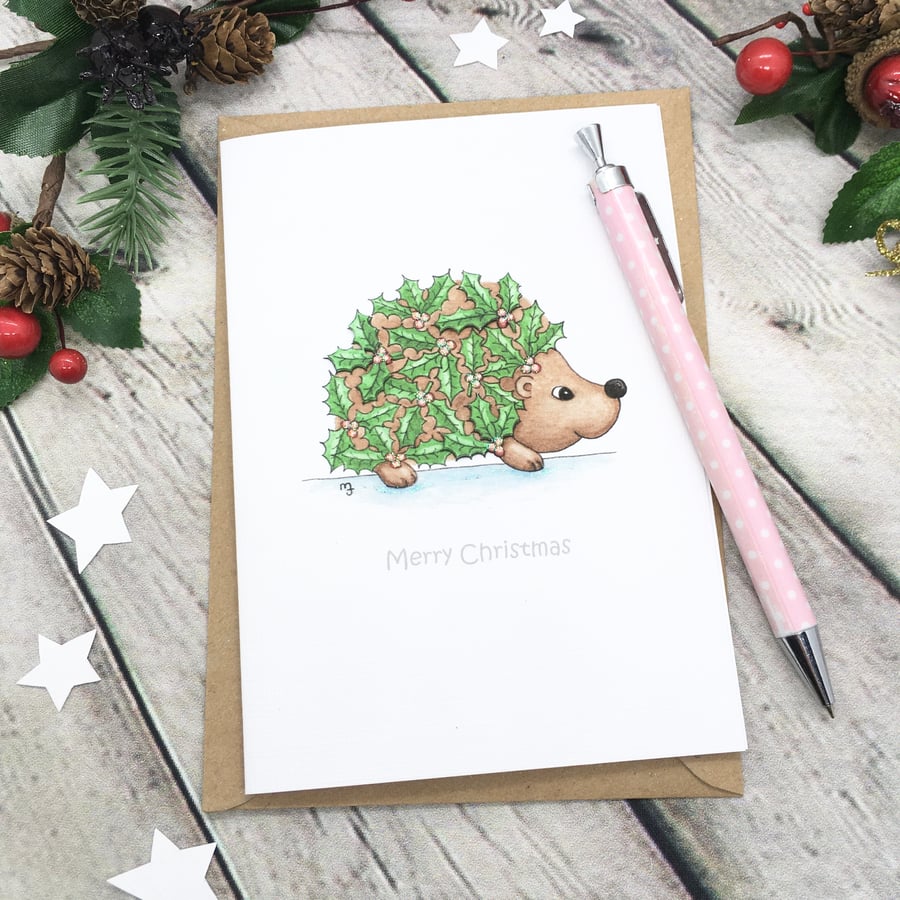 Christmas Holly Hedgehog Card - Christmas Greetings Card - Personalised 