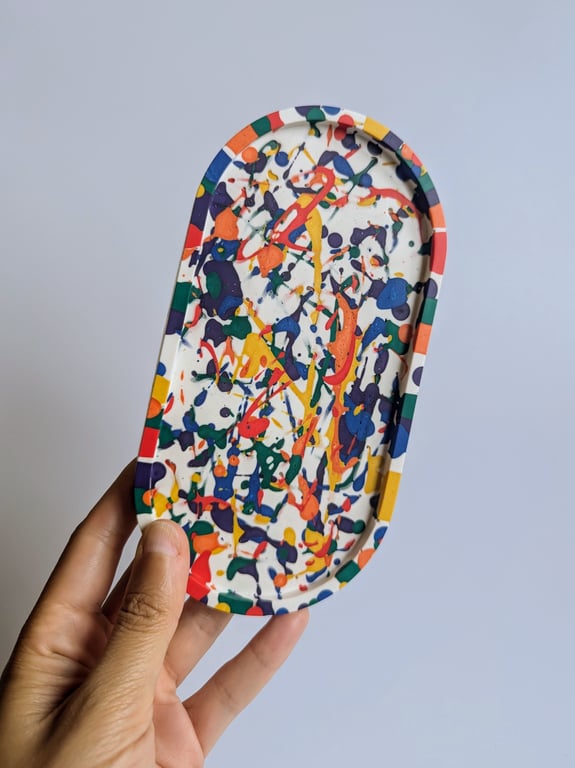 Handmade Oval Trinket Tray – Rainbow Splatter Jesmonite Catch-All Dish