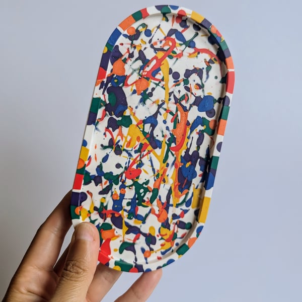 Handmade Oval Trinket Tray – Rainbow Splatter Jesmonite Catch-All Dish