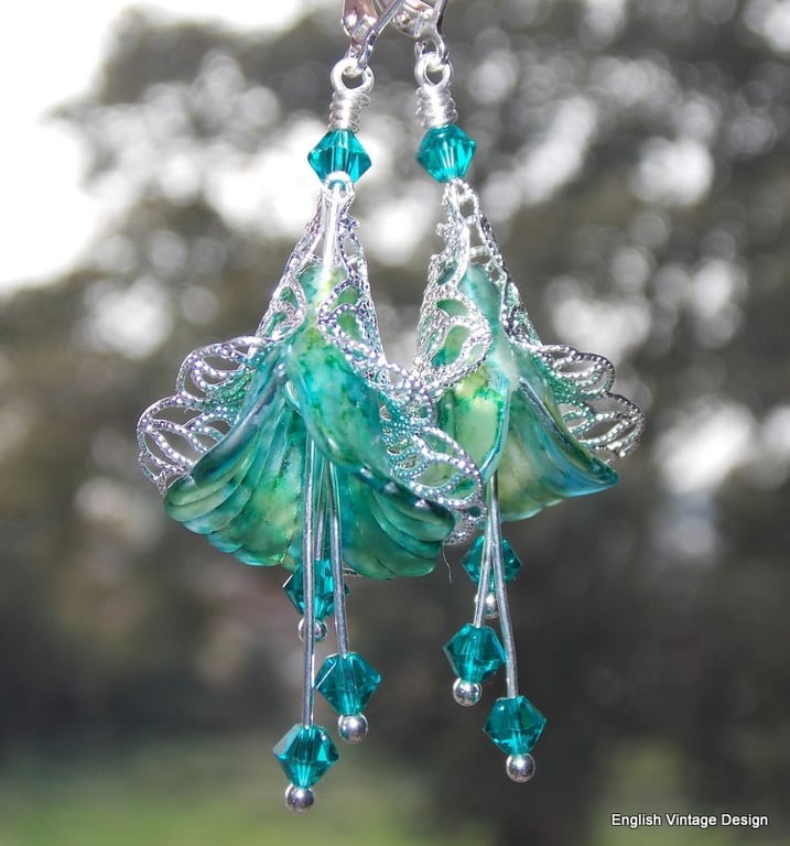 Turquoise Green Flower Earrings, Boho Earrings, Hand Painted Flower Earrings