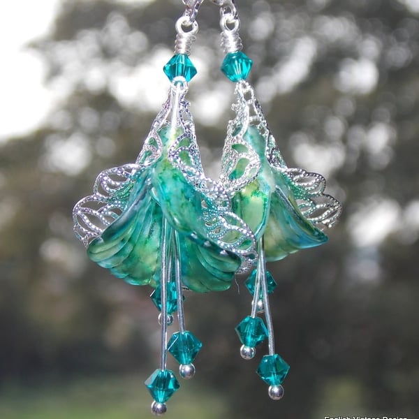 Turquoise Green Flower Earrings, Boho Earrings, Hand Painted Flower Earrings