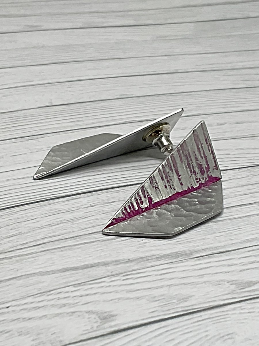Aluminium Stud Earrings - Lightweight Folded Geometric Shape Hammer Texture Pink