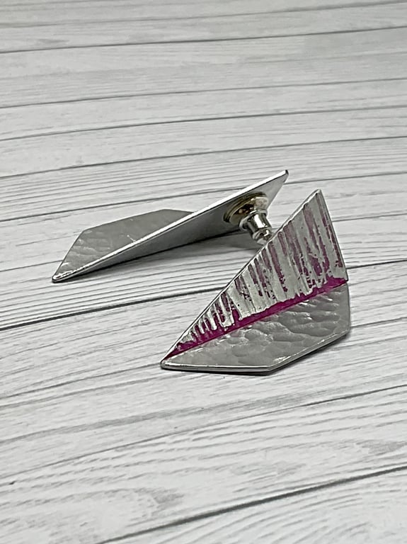 Aluminium Stud Earrings - Lightweight Folded Geometric Shape Hammer Texture Pink