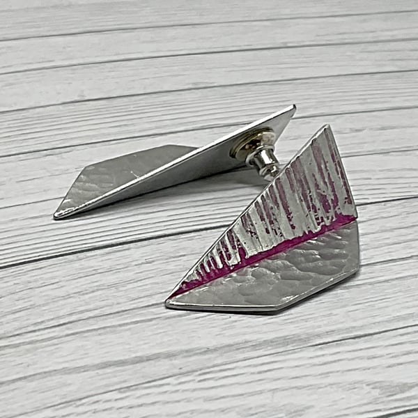 Aluminium Stud Earrings - Lightweight Folded Geometric Shape Hammer Texture Pink