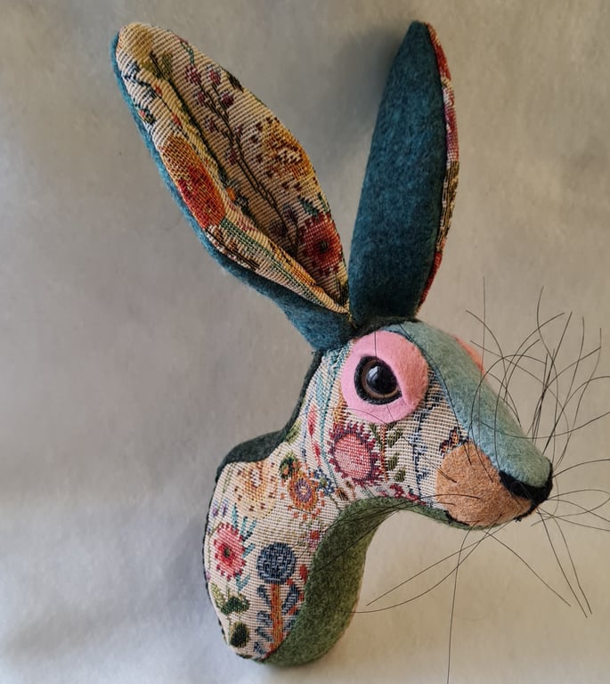 Faux hare head wall mount in Kew Gardens floral fabric