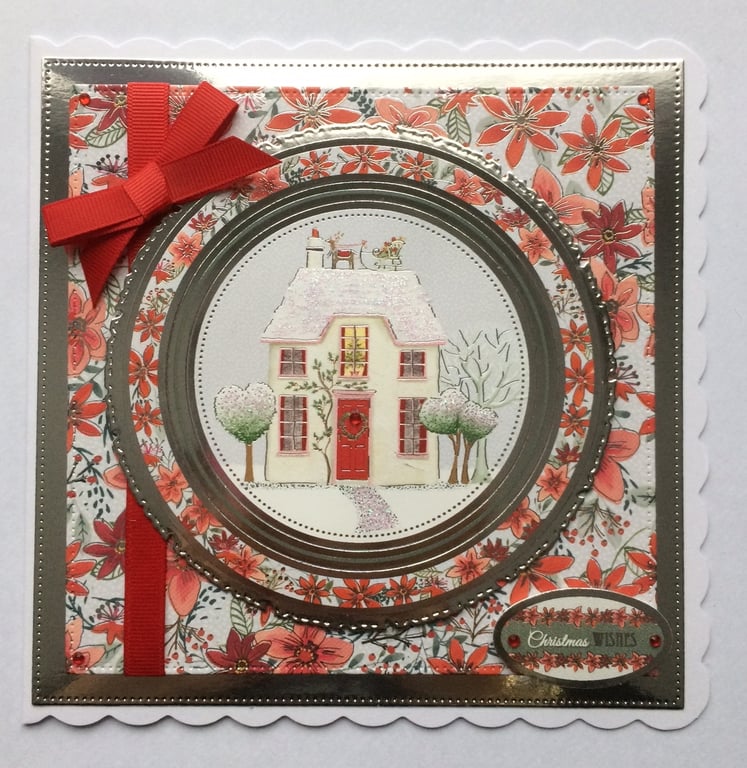 Christmas Card Snowy Cottage Christmas Wishes Poinsettias Luxury Handmade Card