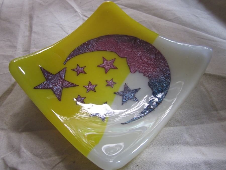 Handmade fused glass candy bowl - copper moon and stars on cream and yellow