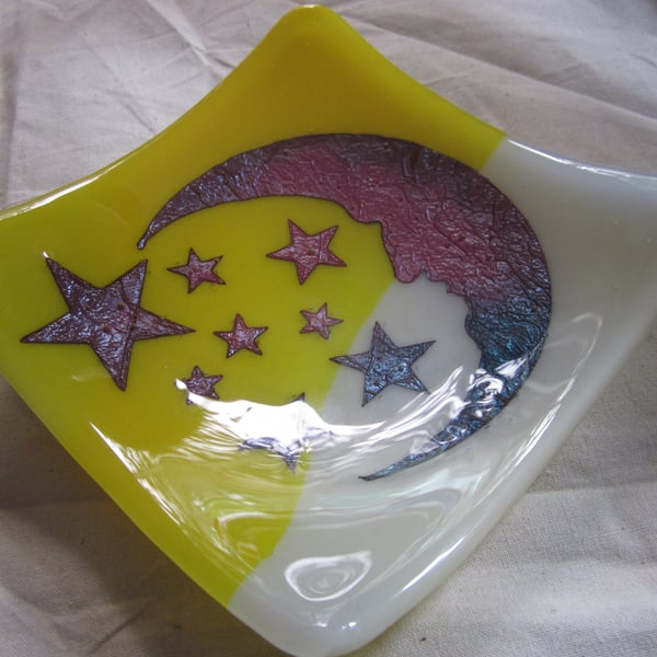 Handmade fused glass candy bowl - copper moon and stars on cream and yellow