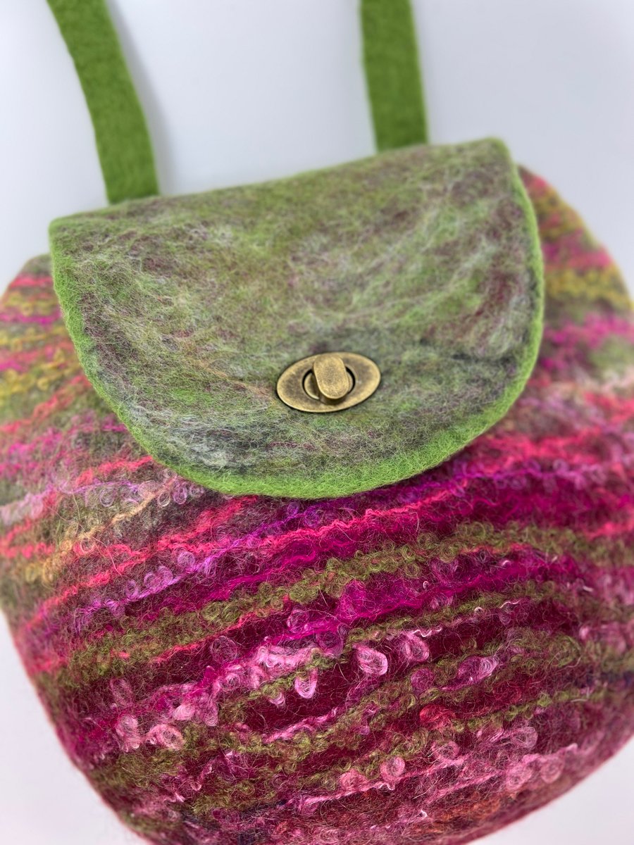 Green and Pink Felt Backpack, Shoulder Bag