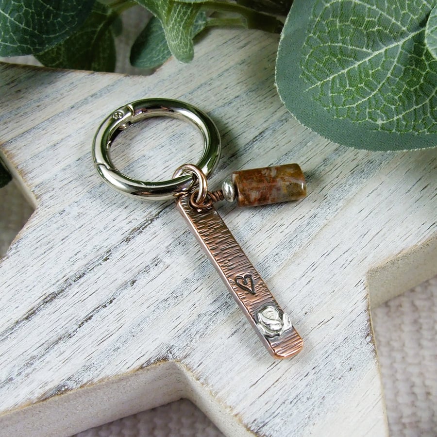 Bag Charm, Copper with Sterling Silver Rose and Agate Gemstone