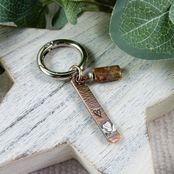 Bag Charm, Copper with Sterling Silver Rose and Agate Gemstone
