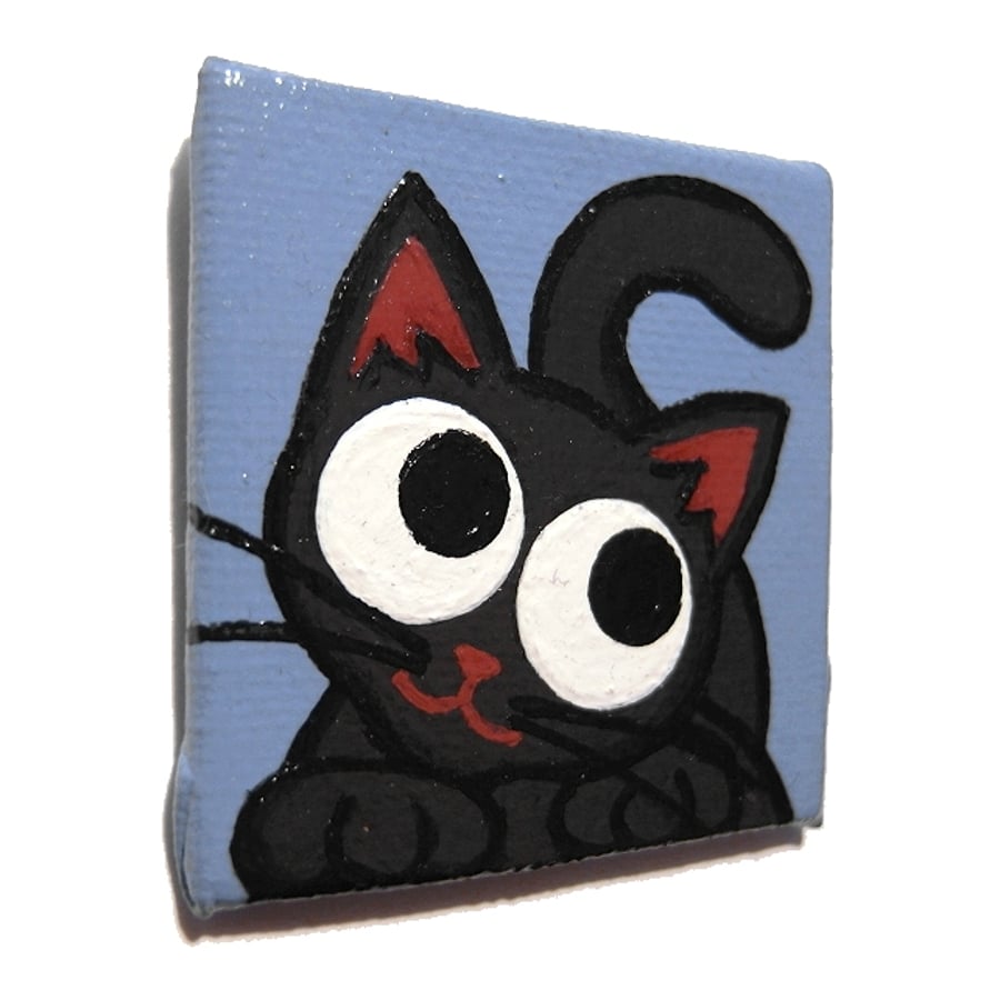 Cute Black Cat Fridge Magnet - small original acrylic painting of cartoon cat