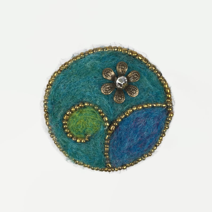 Seconds Sunday - Brooch, needle felted and beaded in greens, blues with flower 