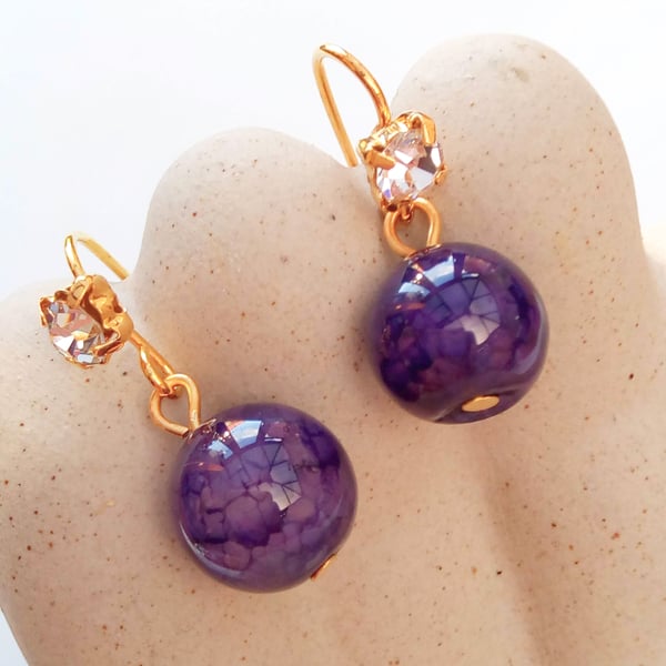 Round Purple Mottled Glass Bead Earrings for Pierced Ears, Gift Ideas for Women