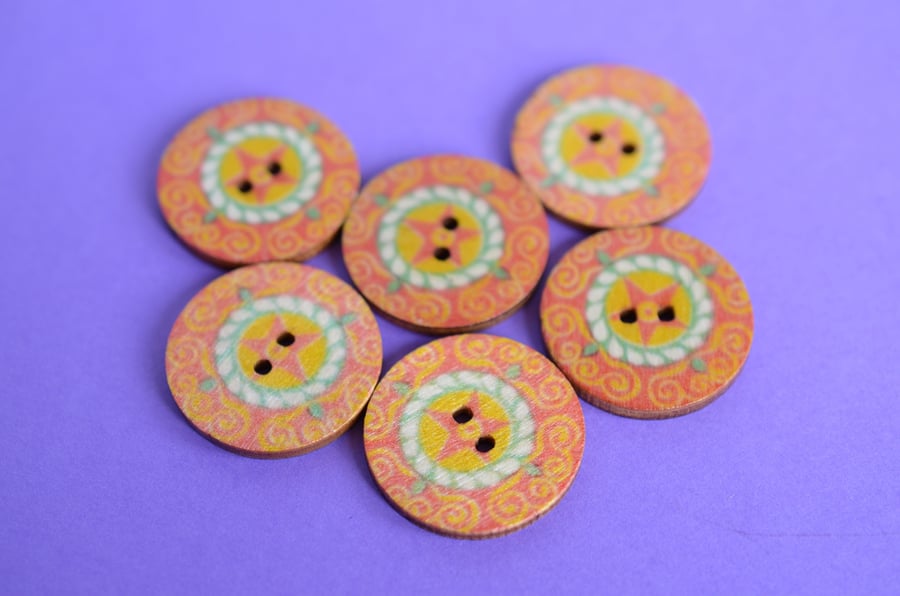 Wooden Mandala Patterned Buttons Orange Yellow Green 6pk 25mm (M7)