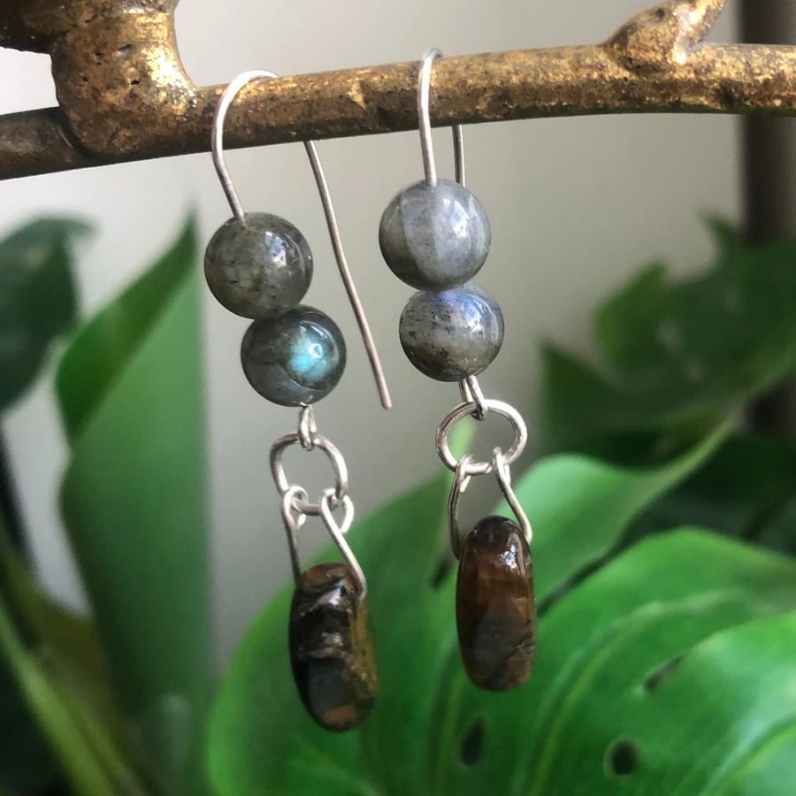 Labradorite and Blue Tiger Eye 925 Silver Dangle Earrings