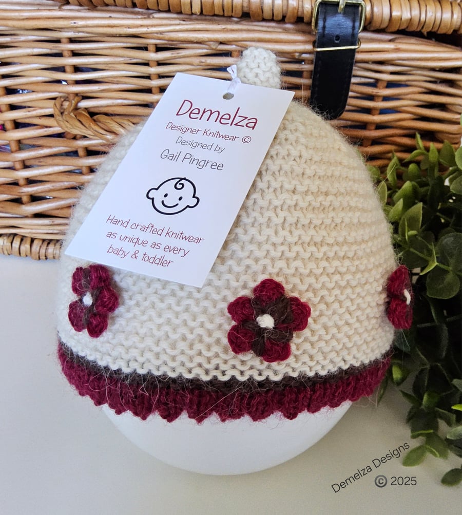 Designer Pure Baby Alpaca Baby Girl's Flower Beanie Hat 3-9 months 