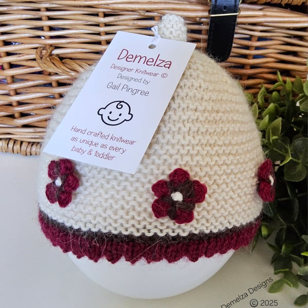 Designer Pure Baby Alpaca Baby Girl's Flower Beanie Hat 3-9 months 