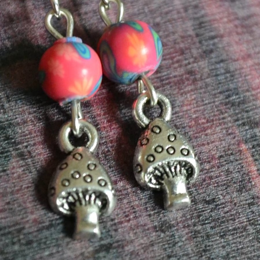 Toadstool earrings with pink clay beads