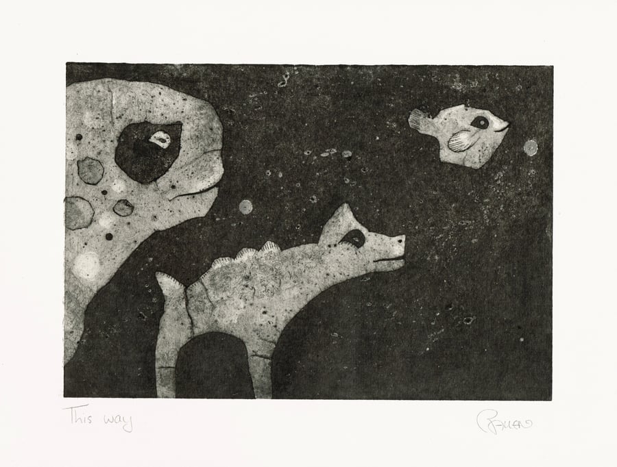 Hand printed strange beasties collagraph print