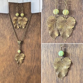 Large brass leaf and sage green pendant and earring set